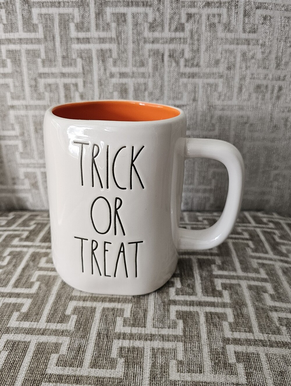 Rae Dunn TRICK OR TREAT Halloween Mug White Orange Interior NWOT